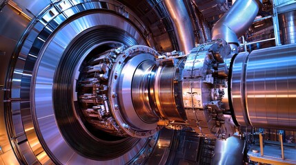 Fototapeta premium Complex mechanical parts and metallic framework forming an advanced scientific instrument, enabling groundbreaking research in subatomic physics and understanding the universe's fundamental forces