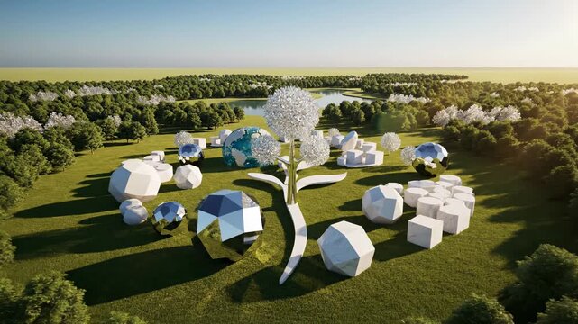 Geometric sculpture garden with abstract natural elements like giant dandelions and earth globes, ideal for eco-friendly concepts and modern art.
