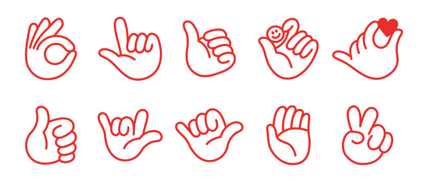Vector illustration in hand drawn doodle style, mascot and character hands and gestures, positive vibe stickers and overlays, ok and agreement, victory and peace sign, pointing finger