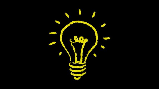 Yellow chalk sketch of a glowing lightbulb. Bright rays radiate from its warm center. Simple, hand-drawn style evokes creativity