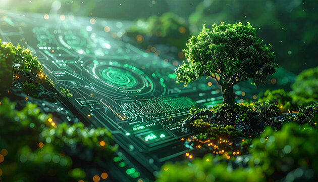 Nature and Technology Fusion: A harmonious blend of nature and technology. Lush green trees and vegetation intertwine with advanced technological components.
