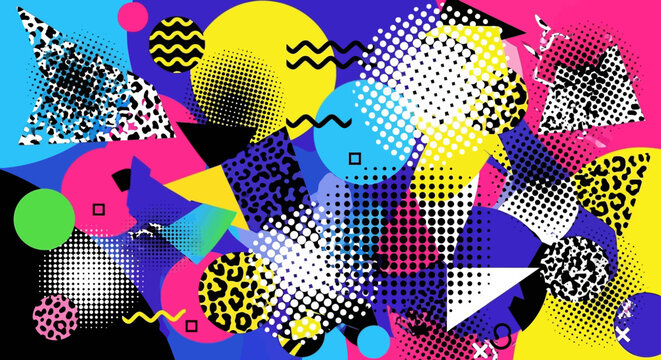 Retro 80s Abstract Geometric Shapes Memphis Style Background