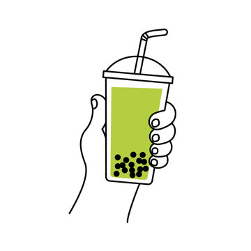 Vector hand drawn illustration with hand holding glass with bubble tea, emblem and logo for cafe and coffee spot