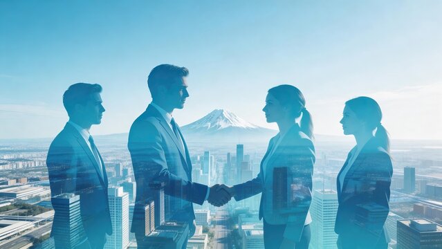 Business handshake double exposure with cityscape and mountain corporate team partnership successful deal professional collaboration office background urban skyline teamwork