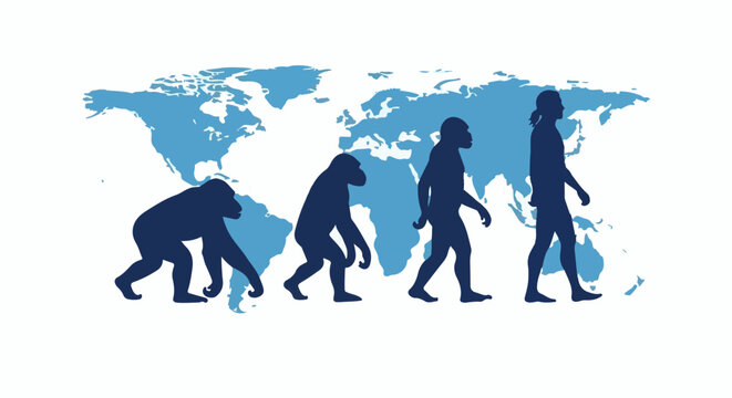 Silhouettes depicting human evolution across a blue world map background