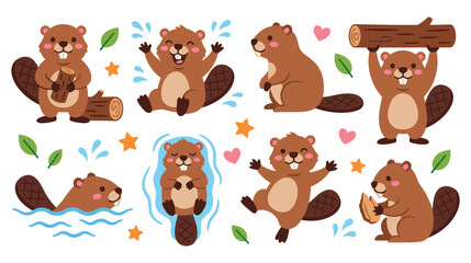 Cute cartoon beavers busy with wood and playing in water. © NAZMA