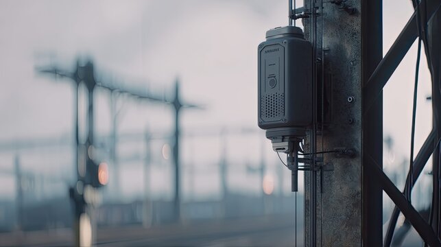 Industrial sensor mounted on a metal pole monitoring railway tracks and trackside infrastructure, signaling smart transport connectivity and automated data driven control in gray weather