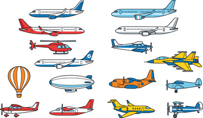 Collection of various vector aircraft icons including commercial airplanes, helicopters, private jets, biplanes, hot air balloons, and blimps isolated on white background. © MD SOJIB 