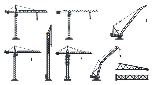 Construction tower cranes industrial heavy lifting machines set.