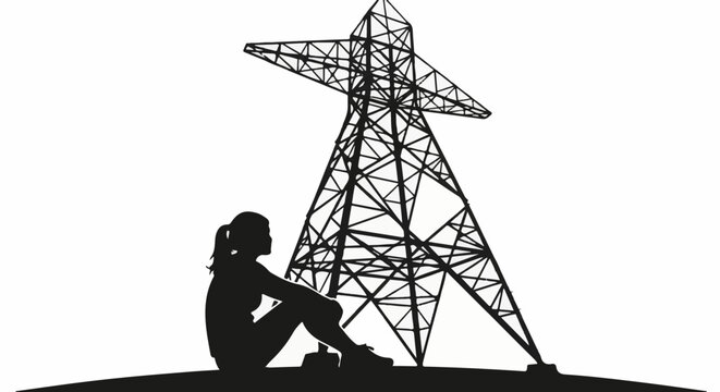 Silhouette of a contemplative person resting by a large electrical tower