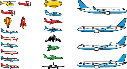 Detailed flat line vector illustration coll, hot air balloons, blimps, and rocket ships isolated on white. © MD SOJIB 