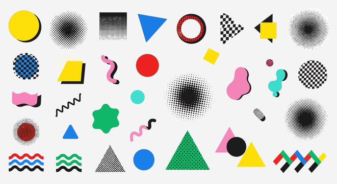 Retro geometric shapes, Memphis style, abstract patterns, vibrant colors