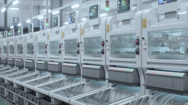 Automated  Electronics Production Machinery Runs in a Electronics Factory, Feeding Component Reels Into Precision SMT Assembly Units With Digital Monitors for High-tech Semiconductor Manufacturing.