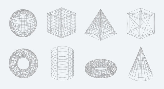 Set of 3D Geometric Wireframe Shapes on Light Background