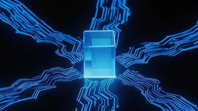 Blue glowing cube with circuit lines