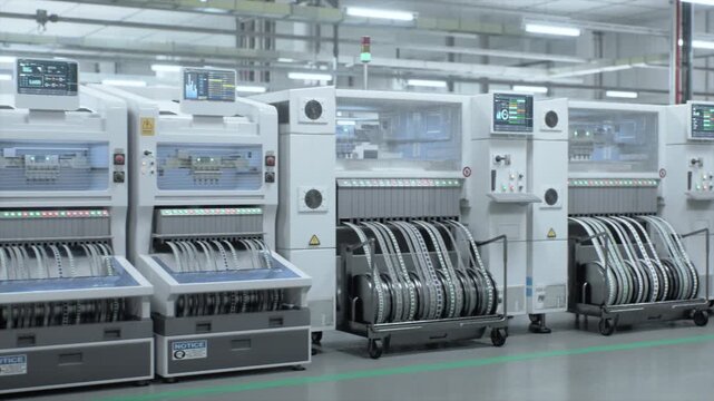Automated Smt Microchip Production Line in a Semiconductor Factory With Pick and Place Machinery, Reel Feeders, Control Screens, and Precision Pcb Electronics Assembly for Manufacturing.