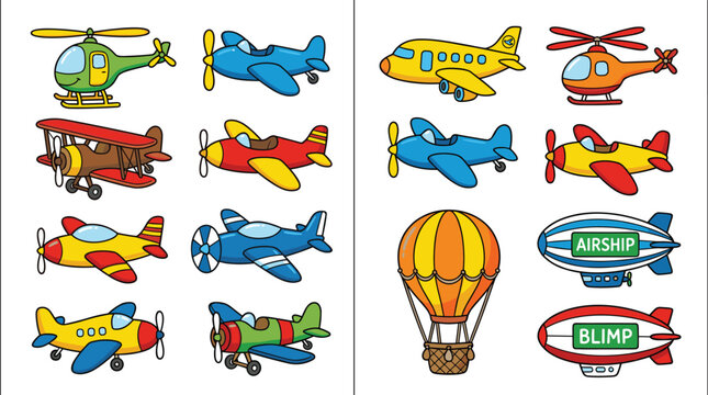 , helicopters, biplanes, a hot air balloon, and airship blimps isolated on white.