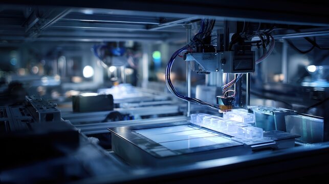 Robotic machine system creating new prototypes and components using precise additive manufacturing processes for a future focused industry within a modern laboratory