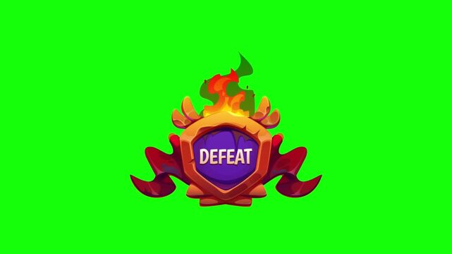 Animated DEFEAT badge with flames and a victorious boxer over a defeated opponent.