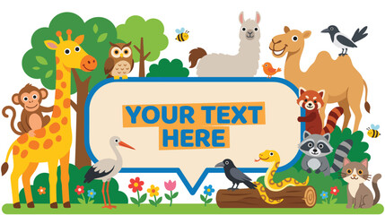 Fototapeta premium Cute cartoon animals around blank speech bubble in green nature park.