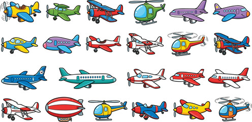 vA colorful collection of cute cartoon style vector illustrations featuring various aircraft including airplanes, helicopters, biplanes, commercial jets, and a blimp isolated on a white background. © MD SOJIB 
