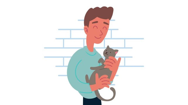 Cartoon young man holding grey cat in arms with happy expression on white background with brick pattern.