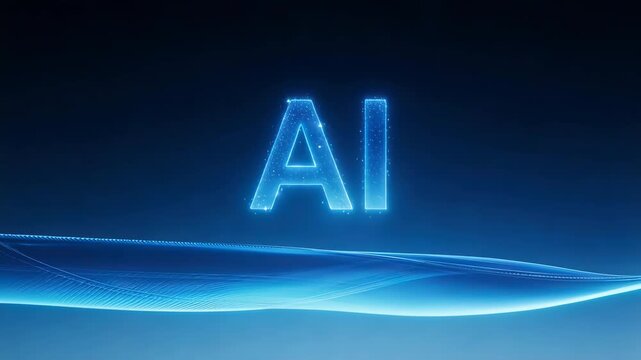 AI glowing text on blue wave background