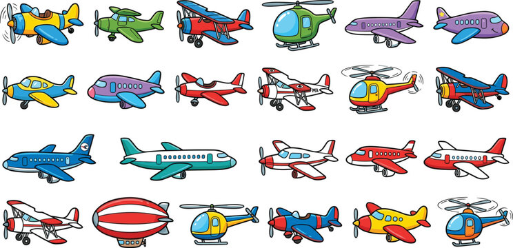 vA colorful collection of cute cartoon style vector illustrations featuring various aircraft including airplanes, helicopters, biplanes, commercial jets, and a blimp isolated on a white background.