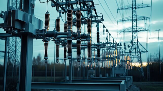 Electrical substation with high voltage power lines and insulators connecting to large transmission towers, distributing energy across the grid at sunset