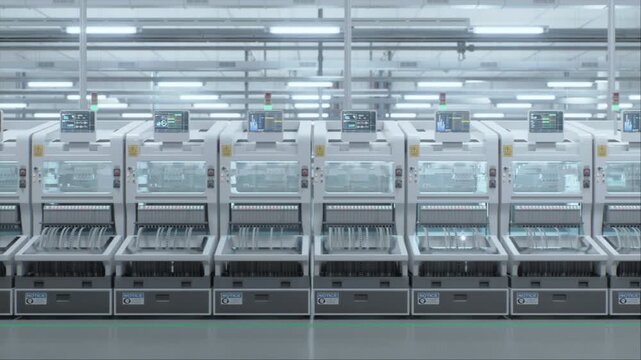 Automated Smt Machines Place Smd Components From Reel Feeders Onto Pcb Boards, With Onboard Monitors Guiding Precision Assembly Across a Clean Semiconductor Factory Production Line, No People.