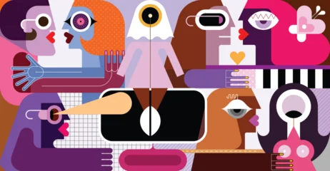 Acrylglasbilder Abstrakte Kunst Abstract vector composition with geometric faces and surreal characters in vibrant pink and purple tones. Modern pop art collage with futuristic, musical, and digital aesthetic elements.  ©  danjazzia