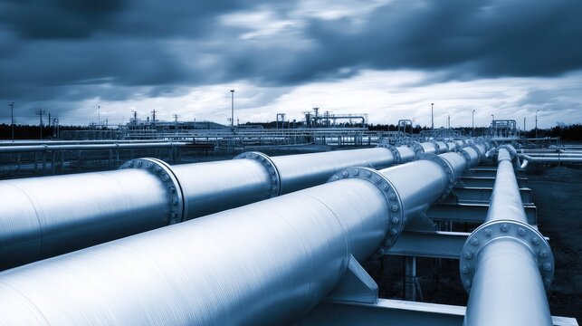 Industrial pipeline transporting natural resources like oil, crude fuel, and gas across a vast network, symbolizing energy distribution, industry, and economic reliance on fossil fuels