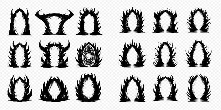 Set of black magical portals, dark fantasy frames, and mysterious arches, isolated on transparent background.
