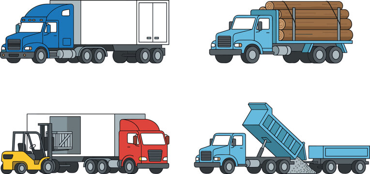 Detailed flat line vector illustration collection featuring industrial heavy machinery including a semi truck, timber logging truck, forklift loading cargo, and a hydraulic dump truck.