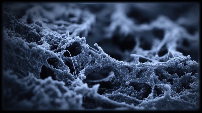 Organic tissue fibers presenting a detailed microscopic cellular structure and textured surface, ideal for scientific research, biological concepts, and medical backgrounds