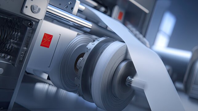 Industrial printing machine working, winding multiple large paper rolls and feeding a long sheet of paper with a red logo through the internal mechanism, representing automation and production