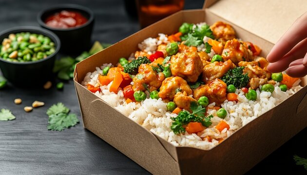 Delicious and Healthy Asian Cuisine Takeout Box with Rice, Vegetables, and Eco-Friendly Packaging