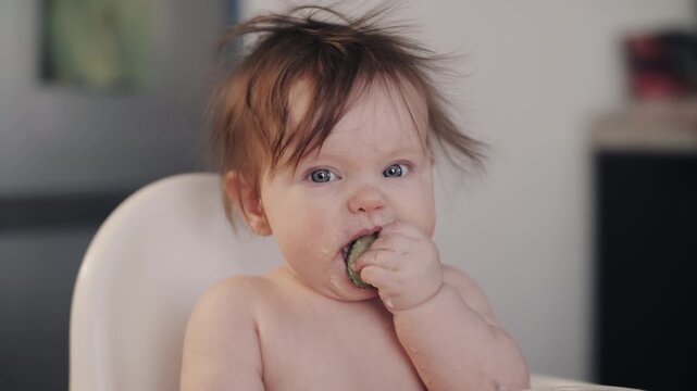 Curious Baby Trying Cucumber During First Feeding at Home