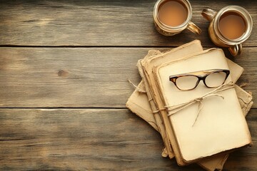 Fototapeta premium Vintage Still Life on Old Weathered Wooden Surface Featuring Blank Journals and Glasses at Cafe