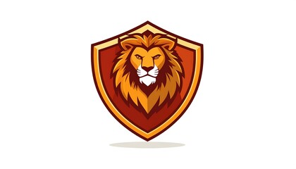 Obraz premium A fierce lion's head emerges from a shield, showcasing a detailed mane and a stern expression. Warm colors of orange and gold