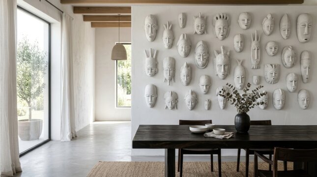 Elegant dining room with a wall of decorative tribal masks and natural light