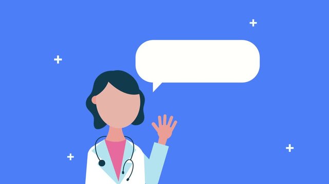 Female doctor animation with speech bubble and medical symbols on blue background for healthcare communication.