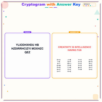 Colorful cryptogram puzzle with answer key displayed prominently  