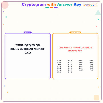 Cryptogram puzzle with answer key and colorful design elements  