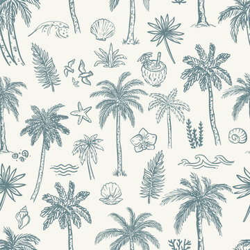 Summer hand-drawn seamless vector pattern with palm trees