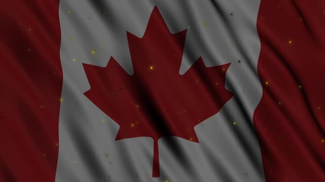 Cinematic background video featuring a realistic waving Canadian flag with subtle glowing particle effects. Clean patriotic motion background.