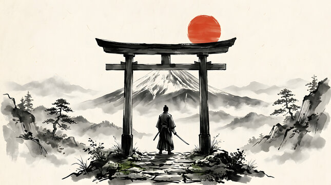 Minimalist Japanese ink illustration of a lone samurai standing beneath a torii gate