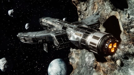 Fototapeta premium Futuristic spaceship traveling through a dense asteroid field near a distant planet, embarking on an interstellar journey of exploration and cosmic adventure