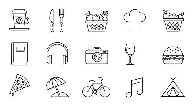Various food and drink icons.
