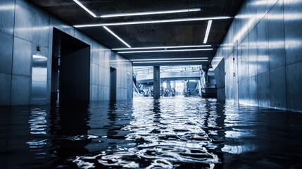 Fototapeta premium Urban underground passage experiencing significant flooding with water reflecting the illuminated ceiling, showcasing a modern concrete structure submerged by high water levels